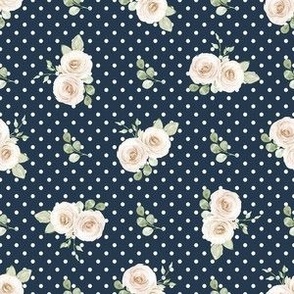 Small Scale Shabby Ivory Roses on Navy with White Polkadots