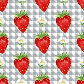Bigger Scale Strawberries on Grey and White Gingham