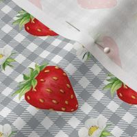 Smaller Scale Strawberries on Grey and White Gingham