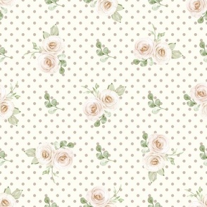 Medium Scale Shabby Ivory Roses on Taupe Polkadots