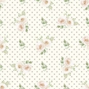 Small Scale Shabby Ivory Roses on Taupe Polkadots