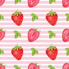 Bigger Scale Summer Strawberries on Pink and White Stripes