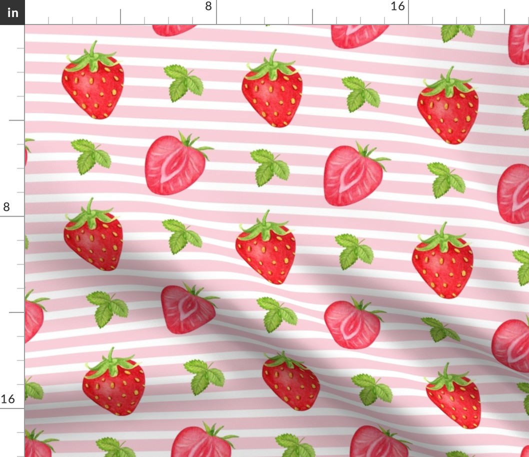 Bigger Scale Summer Strawberries on Pink and White Stripes