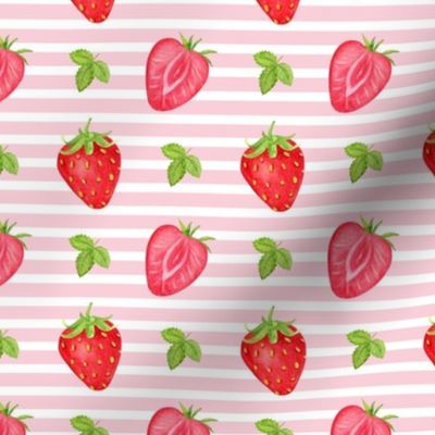 Smaller Scale Summer Strawberries on Pink and White Stripes