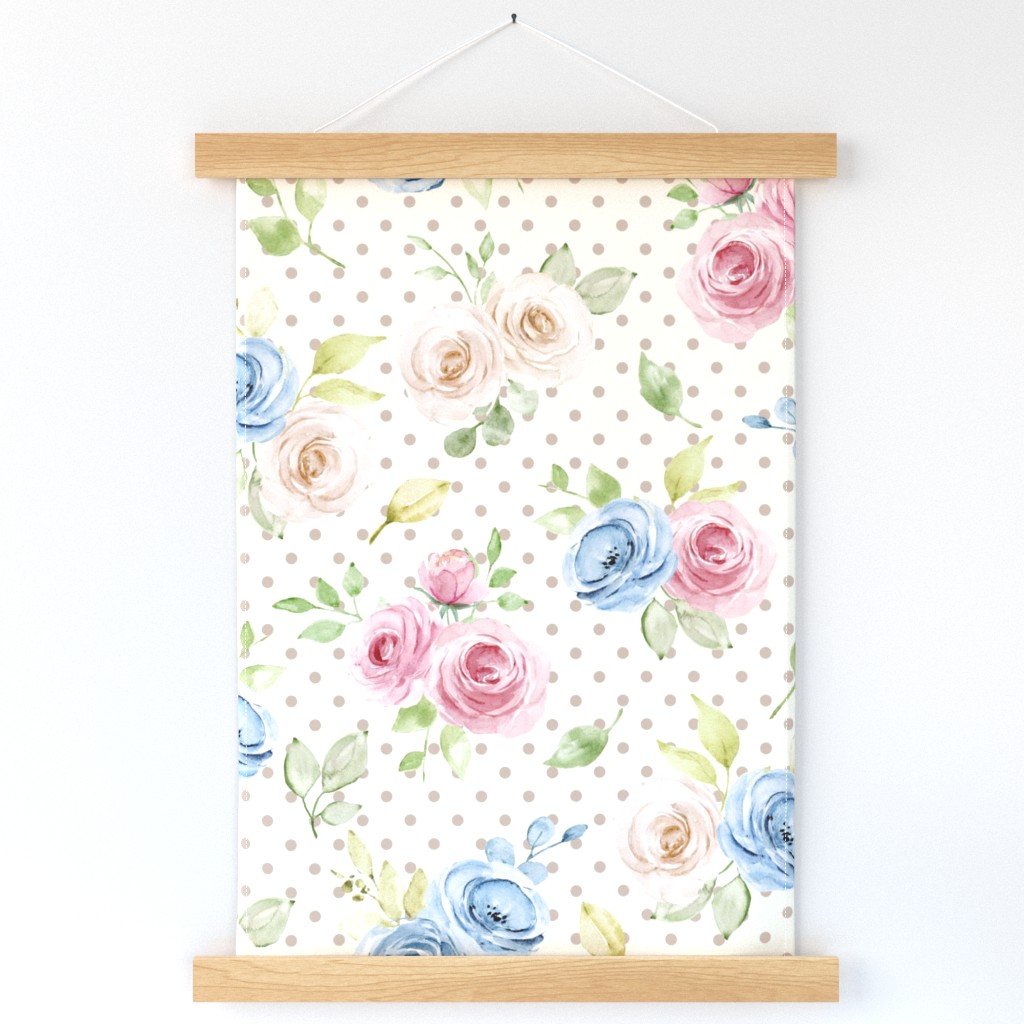 Large Scale Shabby Pink Blue Ivory Roses on  Ivory with Taupe Polkadots