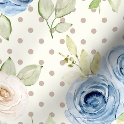 Large Scale Shabby Pink Blue Ivory Roses on  Ivory with Taupe Polkadots