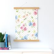 Large Scale Shabby Pink Blue Ivory Roses on  Ivory with Taupe Polkadots