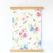 Large Scale Shabby Pink Blue Ivory Roses on  Ivory with Taupe Polkadots