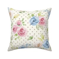 Large Scale Shabby Pink Blue Ivory Roses on  Ivory with Taupe Polkadots