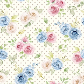 Large Scale Shabby Pink Blue Ivory Roses on  Ivory with Taupe Polkadots