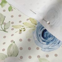 Medium Scale Shabby Pink Blue Ivory Roses on  Ivory with Taupe Polkadots