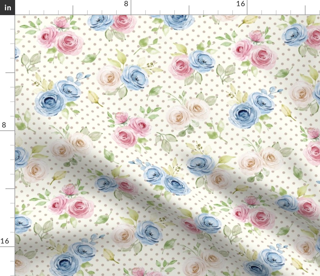 Medium Scale Shabby Pink Blue Ivory Roses on  Ivory with Taupe Polkadots