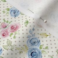 Small Scale Shabby Pink Blue Ivory Roses on  Ivory with Taupe Polkadots