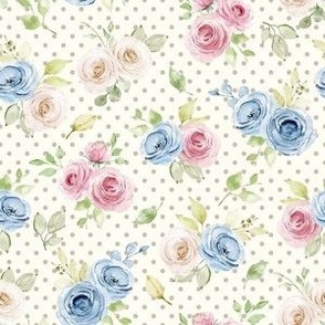 Small Scale Shabby Pink Blue Ivory Roses on  Ivory with Taupe Polkadots