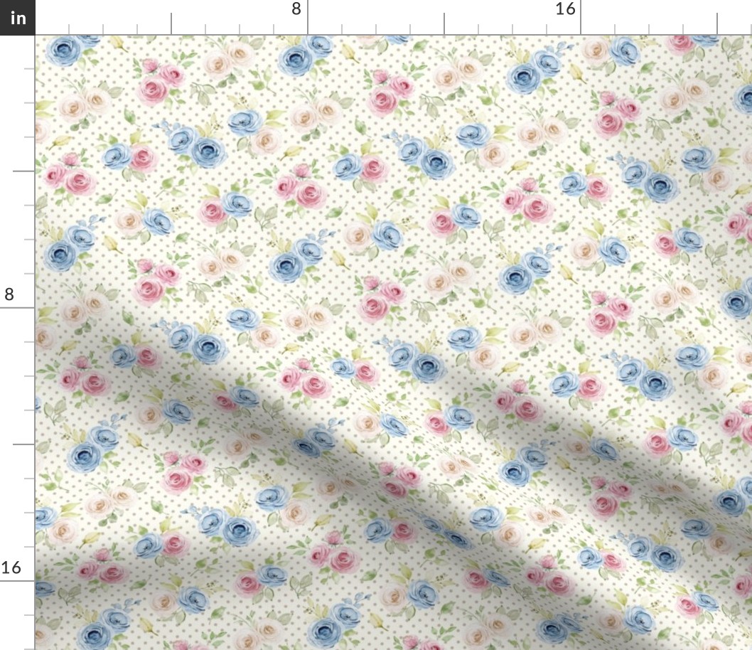 Small Scale Shabby Pink Blue Ivory Roses on  Ivory with Taupe Polkadots
