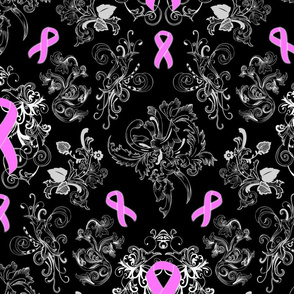 damask pink ribbons on black large scale