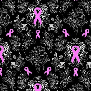 damask pink ribbons on black