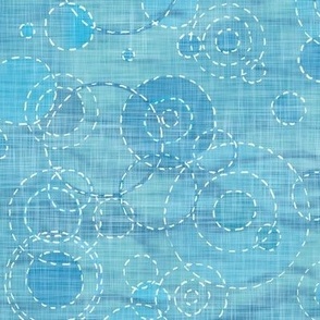 Sashiko Rain - Tropical Sea (xl scale) | Turquoise water with raindrops, rainstorm, Sashiko stitching ripples on water, circles fabric, beach fabric, coastal decor.