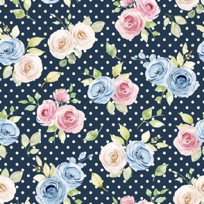 Large Scale Shabby Pink Blue Ivory Roses on  Navy with Taupe Polkadots