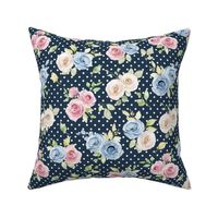 Medium Scale Shabby Pink Blue Ivory Roses on  Navy with White Polkadots