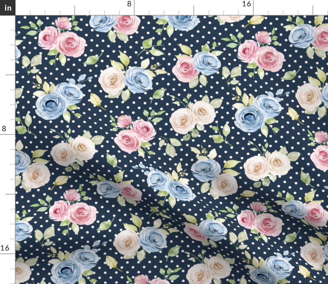 Medium Scale Shabby Pink Blue Ivory Roses on  Navy with White Polkadots