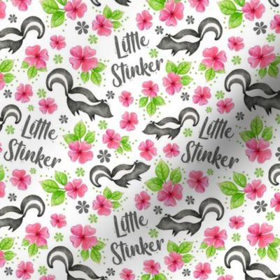 Medium Scale Little Stinker Baby Skunk and Pink Watercolor Flowers