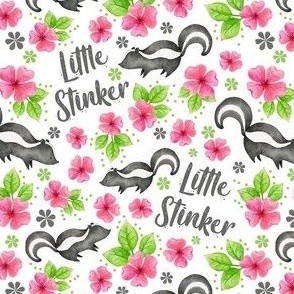 Medium Scale Little Stinker Baby Skunk and Pink Watercolor Flowers