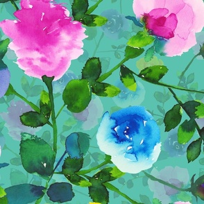 Hand-Painted Watercolor Colorful Vivid Rose Garden green background jumbo large