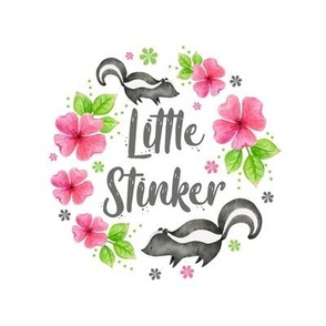 6" Circle Panel Little Stinker Baby Skunk and Pink Flowers for Embroidery Hoop Projects Quilt Squares