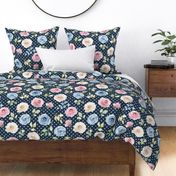 Large Scale Shabby Cream Blue Pink Roses on Navy with White Polkadots