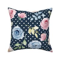Large Scale Shabby Cream Blue Pink Roses on Navy with White Polkadots