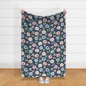 Large Scale Shabby Cream Blue Pink Roses on Navy with White Polkadots