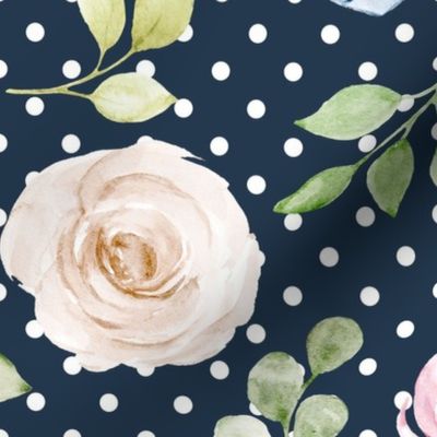 Large Scale Shabby Cream Blue Pink Roses on Navy with White Polkadots