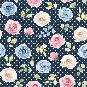 Large Scale Shabby Cream Blue Pink Roses on Navy with White Polkadots