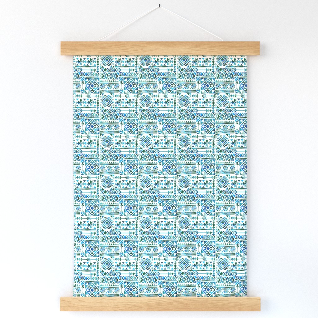 Tribal Summer / Blue Green Teal on White Background / Mini Scale