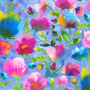 Romantic flowers - watercolour light blue background - large scale
