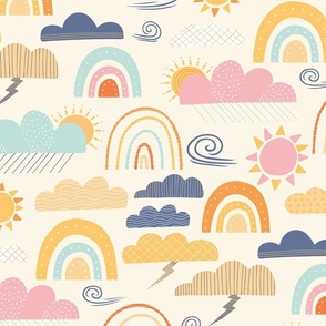 Sunshine and Showers Jumbo - Rainbow Wallpaper - Sunshine Home Decor -Cloud Curtains - Bedding