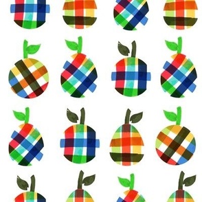 Bright Colorful Plaid Apples and Pears in Horizontal Rows on White Ground