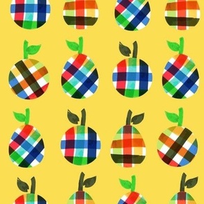 Bright Colorful Plaid Apples and Pears in Horizontal Rows on Yellow Ground