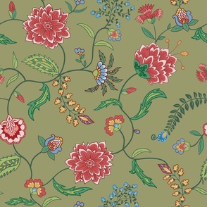 Colorful dainty Indian Floral on mid olive green