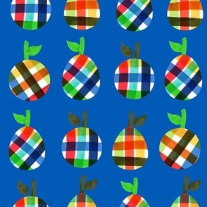 Bright Colorful Plaid Apples and Pears in Horizontal Rows on Blue Ground
