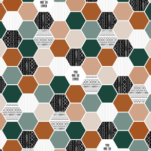 2 yd Repeat "So Loved" Mudcloth Hexagons 7" - Faux Patchwork Quilt or Blanket Panel (no cut lines, seamless repeat over 2 yards)
