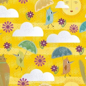 Cats / bird / umbrellas / weather / sun / yellow