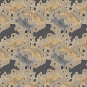 Trotting cropped Briards and paw prints - faux linen
