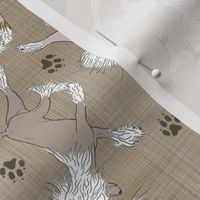 Trotting Chinese Crested hairless and paw prints - faux linen