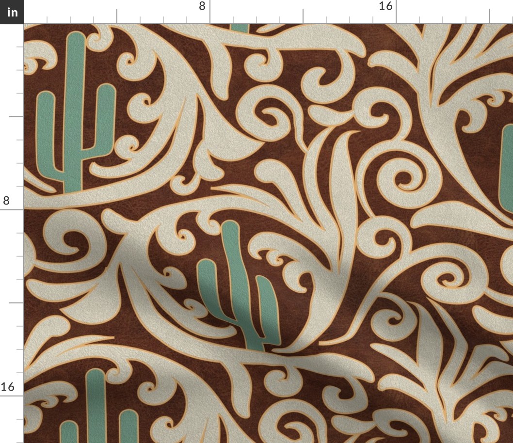 Wild West- Saguaro Tooled Leather Pattern- Verdigris Isabelline Brown Leather Texture- Large Scale