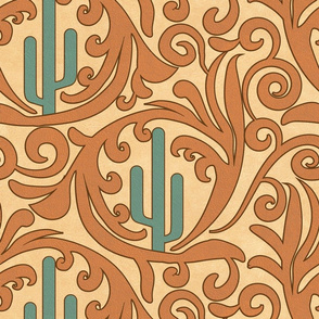 Wild West- Saguaro Tooled Leather Pattern- Verdigris Tangerine Brown Gold Buff Leather Texture- Large Scale