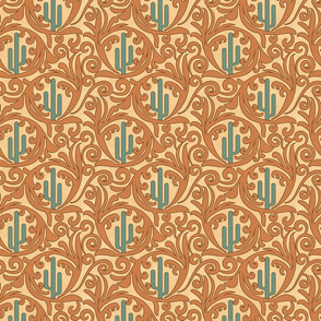 Wild West- Saguaro Tooled Leather Pattern- Verdigris Tangerine Brown Gold Buff Leather Texture- Small Scale