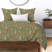 Wild West- Saguaro Tooled Leather Pattern- Isabelline Wheat Verdigris Leather Texture- Large Scale