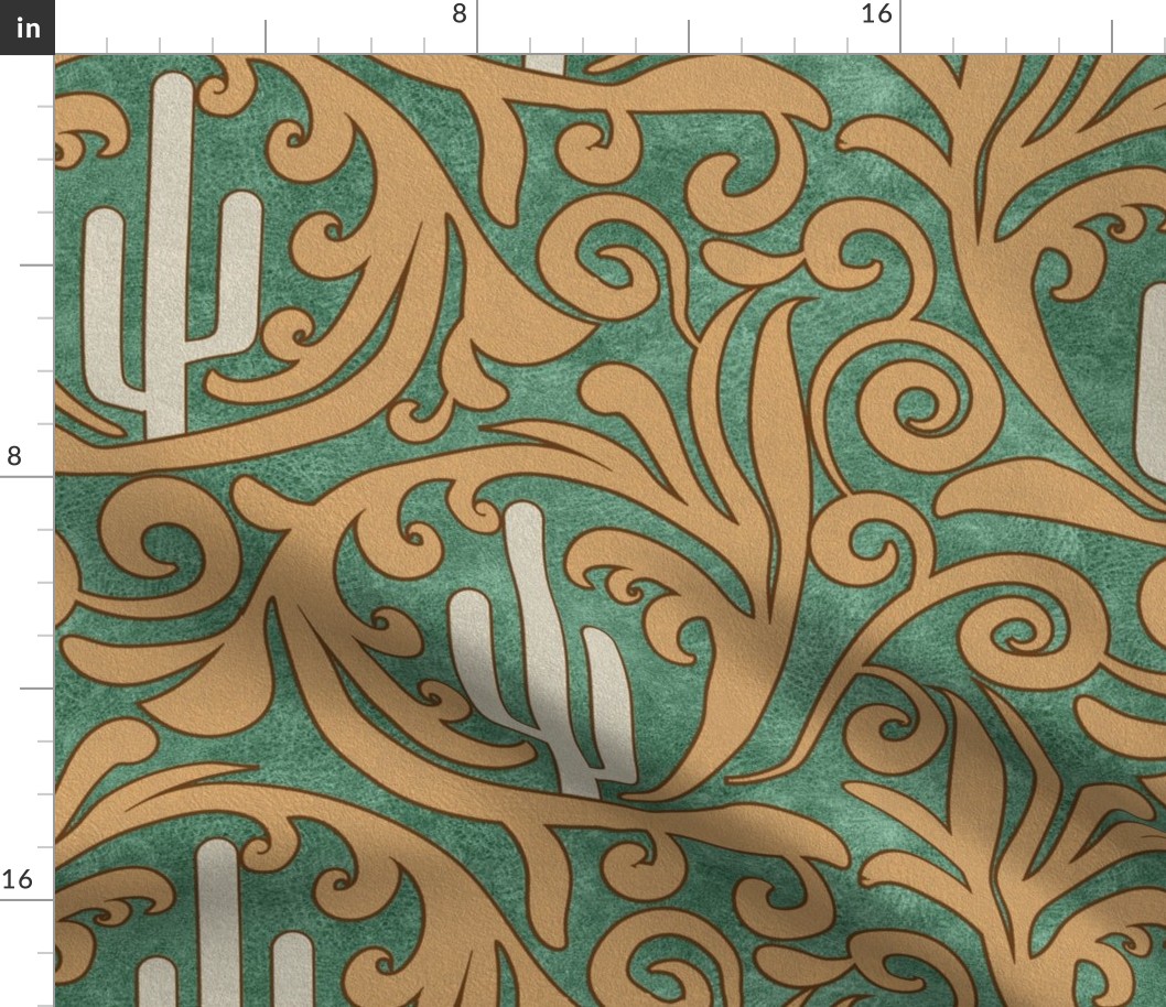 Wild West- Saguaro Tooled Leather Pattern- Isabelline Wheat Verdigris Leather Texture- Large Scale